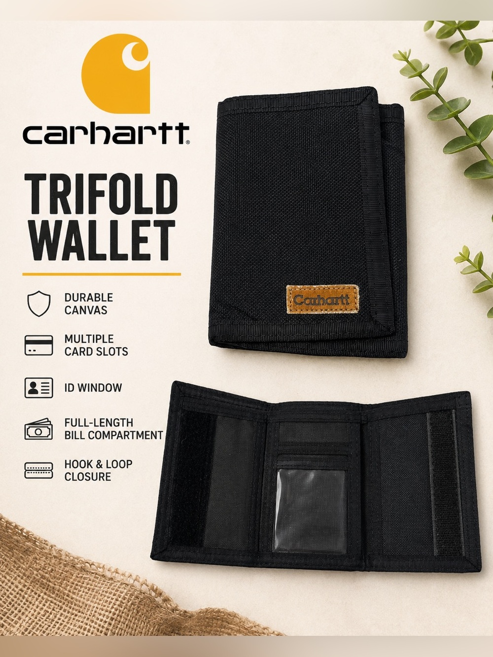 Carhartt Black Trifold Canvas Wallet Hook & Loop Closure ID Window Rugged